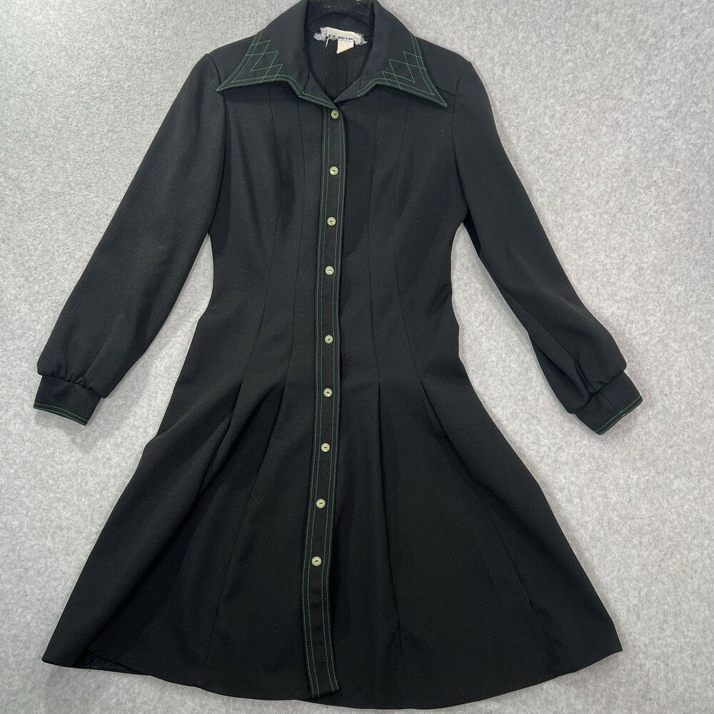 Vintage Gay Gibson Knit Shirt Dress Black fit flare geometric stitching